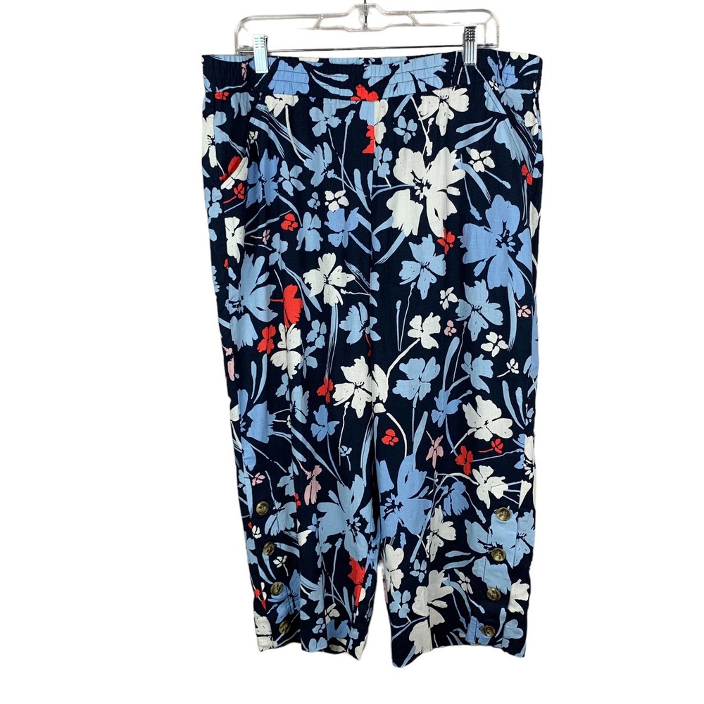 Land n Sea Pants Cropped Blue Floral Linen Blend Elastic Waist Women’s XL